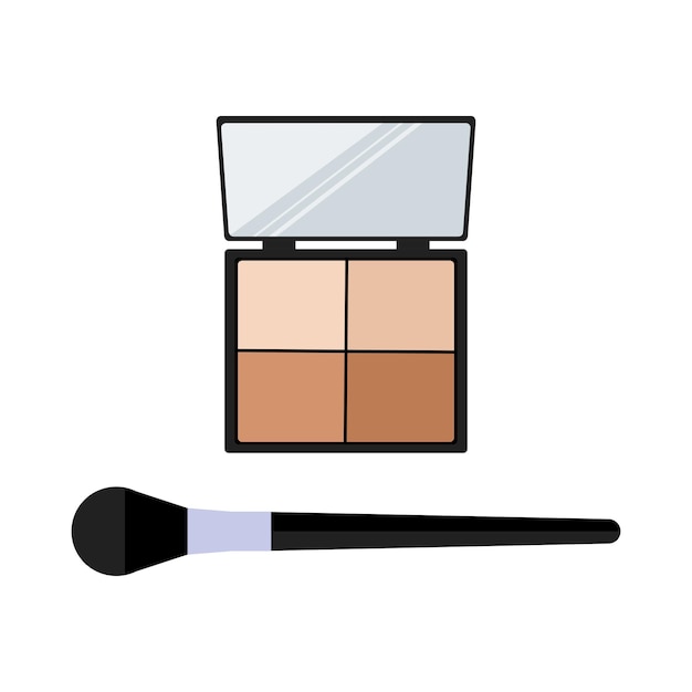 Paleta cosmética decorativa con polvos y pincel de maquillaje. Ilustración vectorial plana