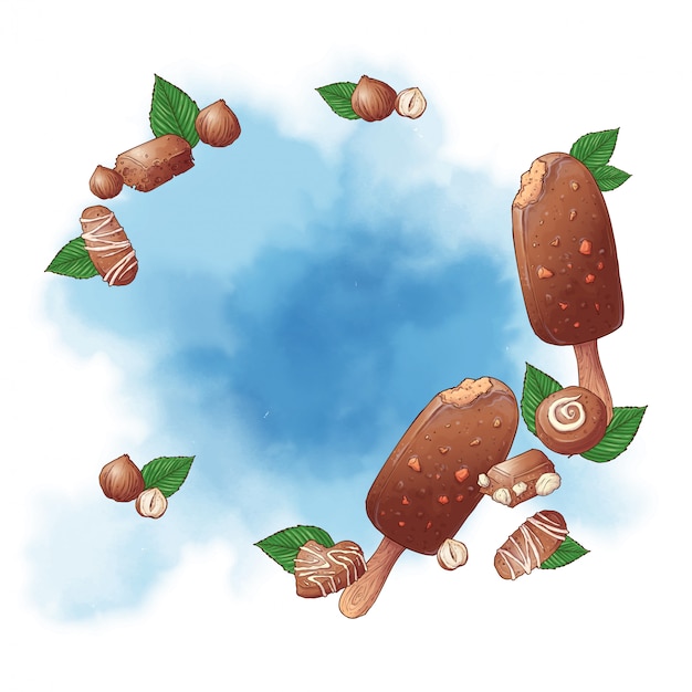 Paleta de helado y nueces chocolate logo fondo para dulces. Ilustración vectorial