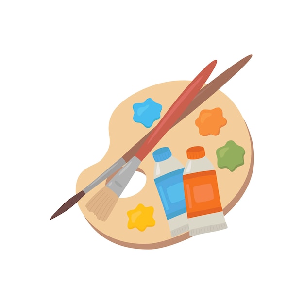 Paleta de madera con pinturas y pinceles. Ilustración vectorial.