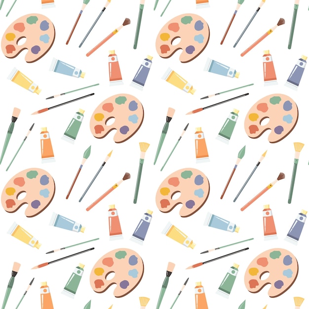Paleta de patrones sin costuras con pinturas pinceles y tubos con acrílico Fondo con suministros de arte