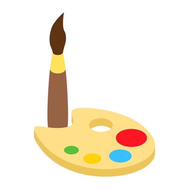 Paleta con pincel icono isométrico Pincel con pinturas de acuarela sobre un fondo blanco