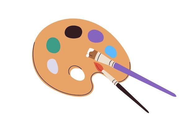 Paleta de pintura y pinceles Paleta de colores de pintura herramienta de dibujo creativo Suministros artísticos paleta de colores al óleo en tablero de madera accesorio de artista Ilustración vectorial plana aislada sobre fondo blanco