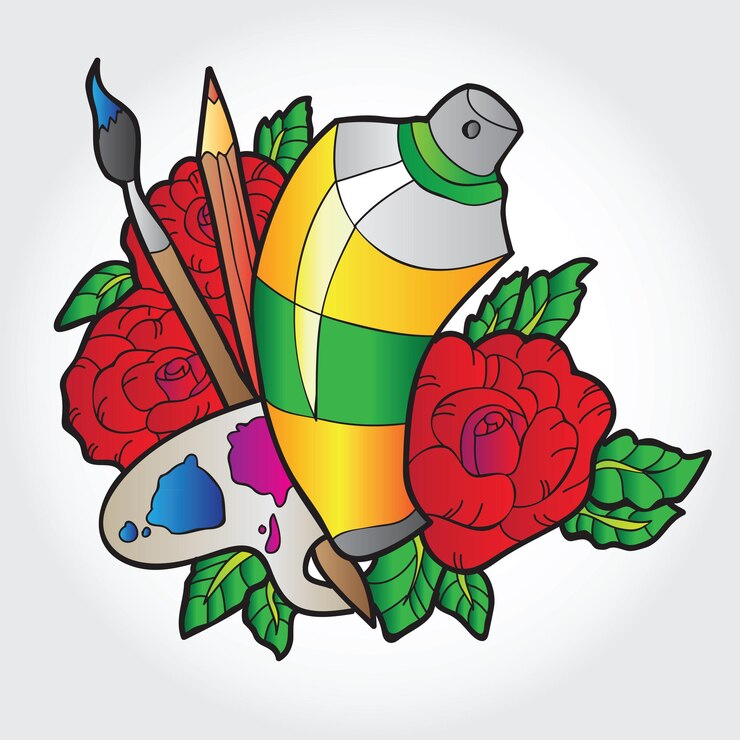 Vector paleta con pintura, pinceles y pintura en aerosol en rosas - vector
