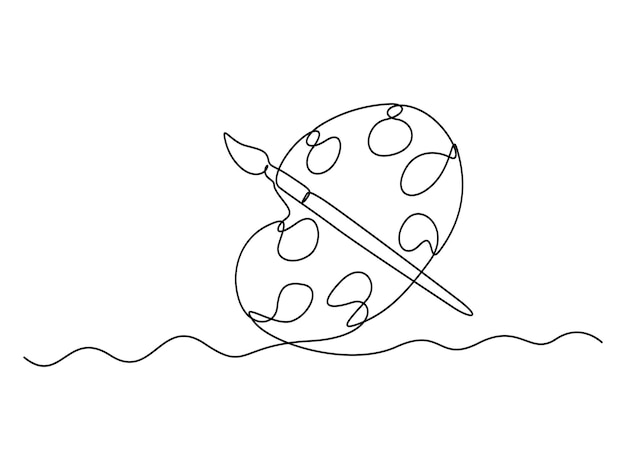 Paleta con pinturas y pincel una ilustración vectorial de dibujo de línea continua