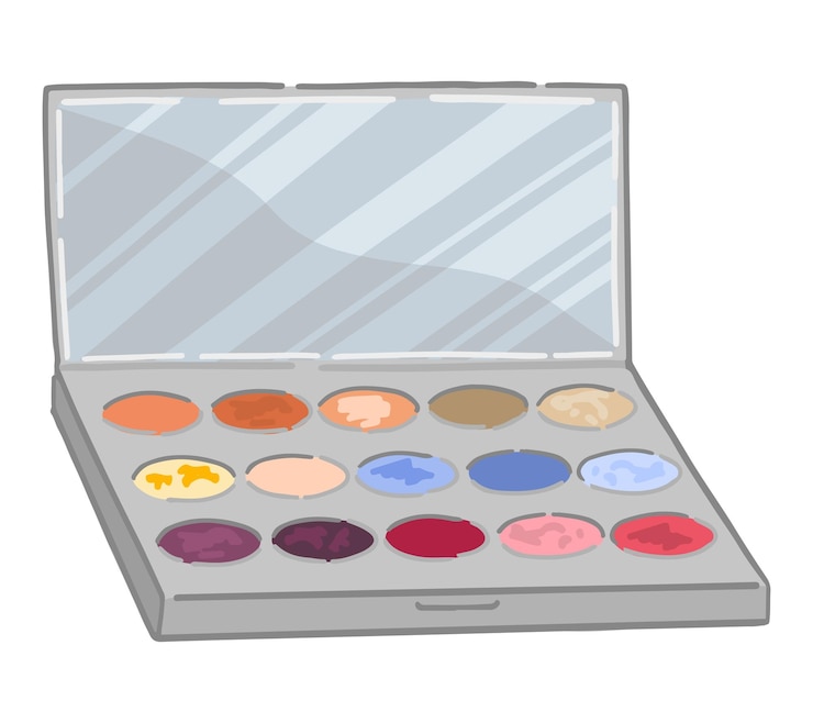 Vector paleta de sombras de ojos clipart equipamiento de maquillaje de párpados garabateo accesorio cosmético aislado en fondo blanco ilustración vectorial de estilo dibujos animados
