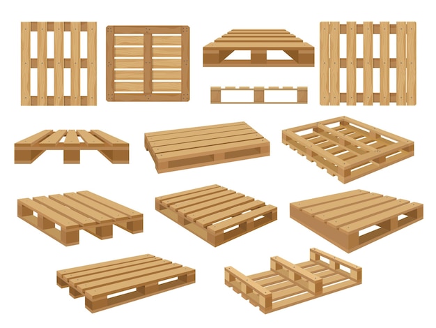 Vector paletas de almacén contenedores de madera para apilar productos de compra ilustraciones vectoriales recientes aisladas