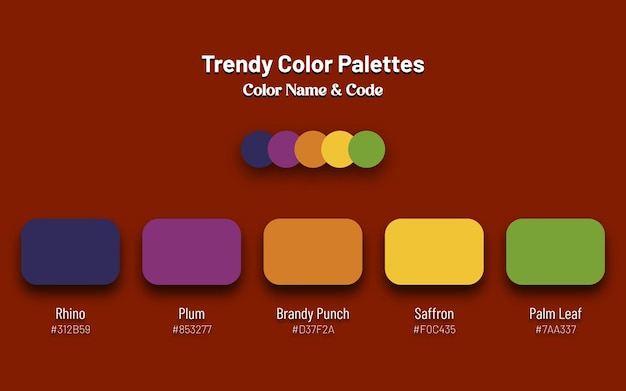 Vector las paletas de colores de moda abstractas establecen el nombre del color con el fondo del código para el diseño ui ux