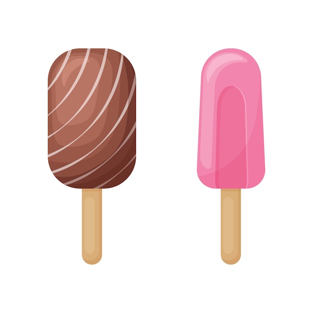 Paletas de helado en un palo helado de chocolate y paleta postre dulce en un palo ilustración vectorial aislada en un fondo blanco