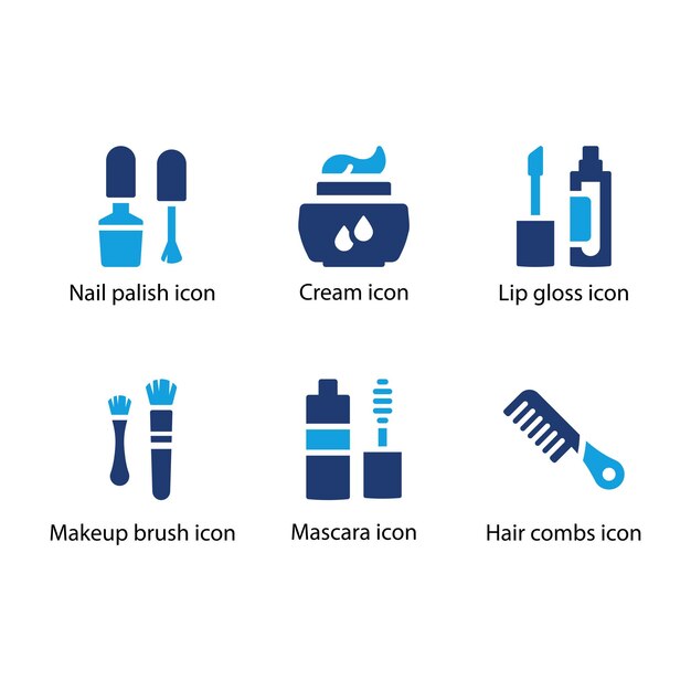 Pálido de uñas Crema brillo de labios Pincel de maquillaje Mascara peine para el cabello Conjunto de iconos azules