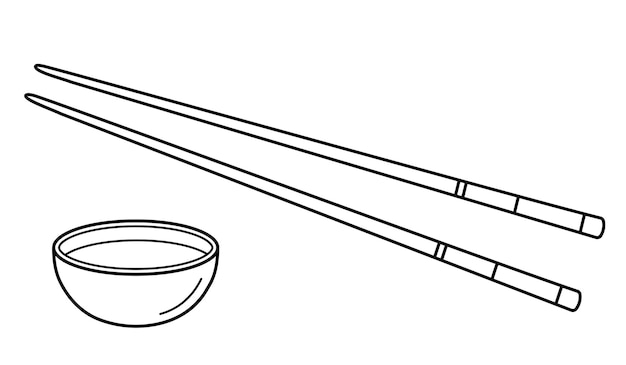 Palillos japoneses y salsa de soja. Elemento de comida asiática. Estilo de dibujo de fideos.