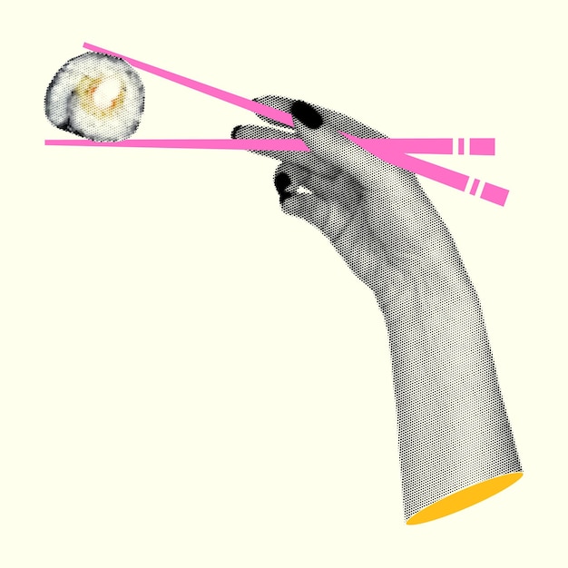 Vector palillos japoneses y sushi en la mano con efecto de medio tono para collage retro