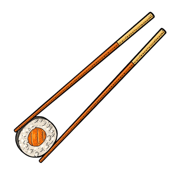 Palillos con rollo de sushi grabado vectorial de color vintage aislado
