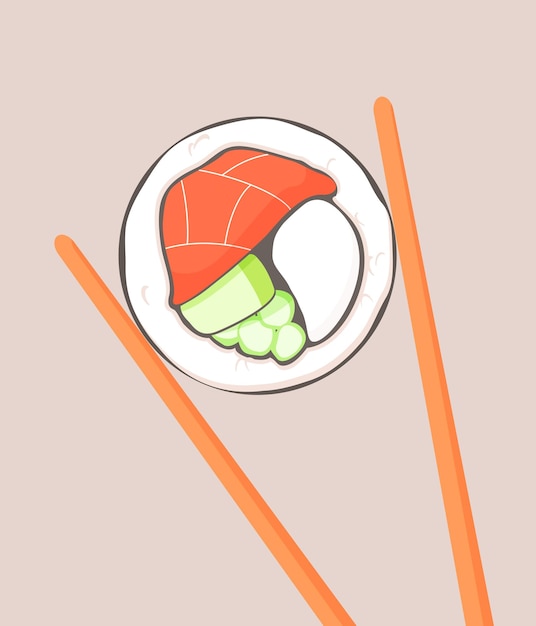 Vector los palillos sostienen un delicioso sushi con pescado.