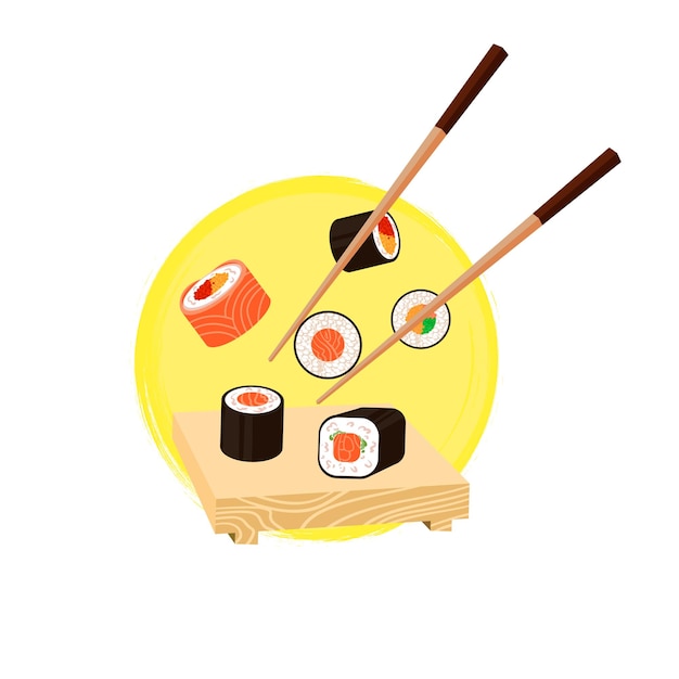 Palillos de vector con rollos sobre fondo de círculo Concepto de sushi Conjunto de comida japonesa