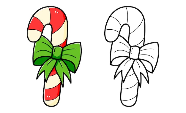 Palita de Navidad con un lazo libro de colorear con ejemplo de colorear para niños Página de color con la palita de navidad con un arco versión monocromática y de color Ilustración vectorial para niños