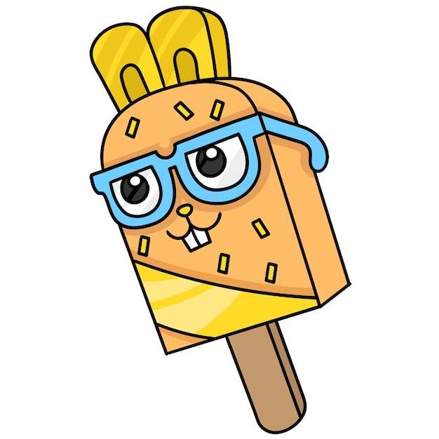 Palito de helado con una cara de nerd con anteojos, personaje lindo dibujo de doodle. ilustración vectorial