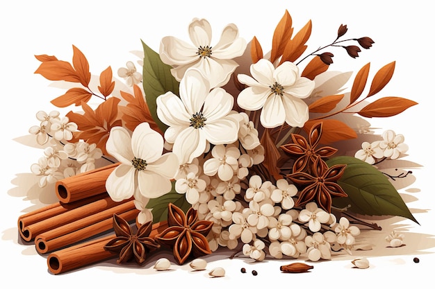 Palitos de canela con ilustración de vector de flor con flor de canela y semillas de pimienta negra sobre blanco