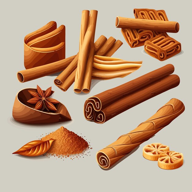 Vector palitos de canela rollos de especias marrones condimento con sabor para cocinar panadería y aromaterapia aislado en el fondo ilustración vectorial