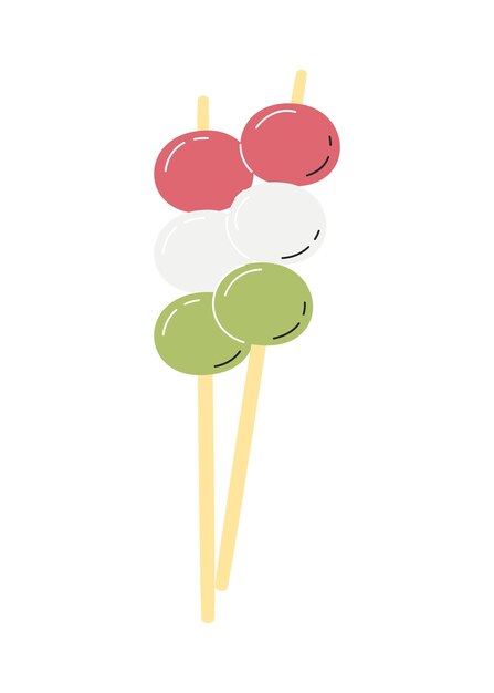 Palitos de hanami dango aislados en blanco Albóndigas dulces japonesas de tres colores