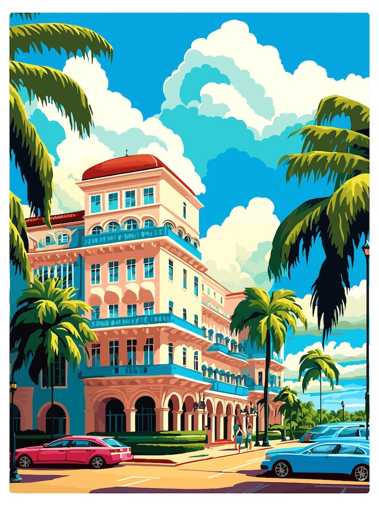 Vector palm beach florida cartel de viaje vintage recuerdo tarjeta postal pintura de retrato ilustración de wpa