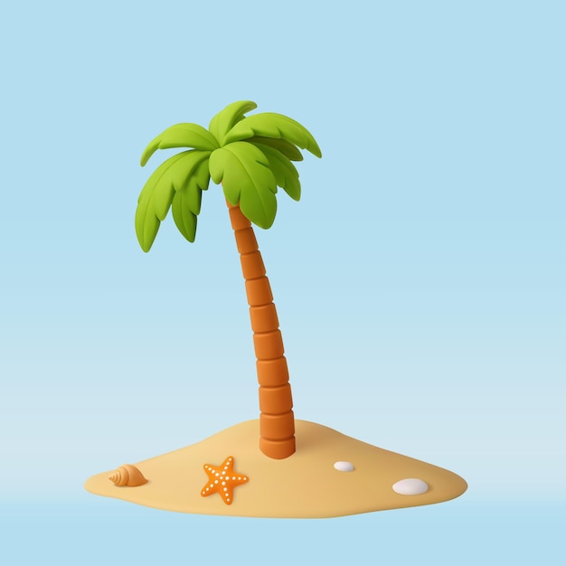 Palma 3d en un pedazo de tierra con estrellas de mar y conchas marinas