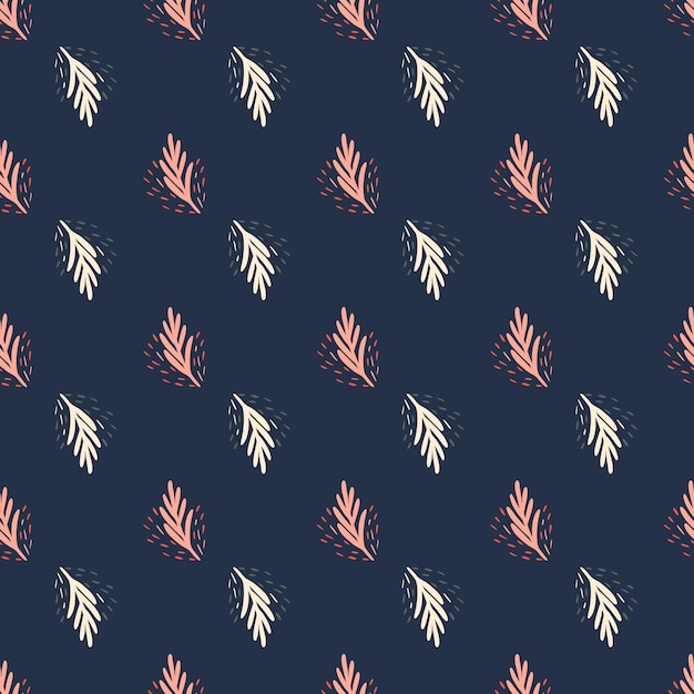 Palma de hoja de patrones sin fisuras sobre fondo azul oscuro. Plantilla de follaje de vector en estilo doodle. Textura tropical moderna para tela, papel de regalo, papel tapiz, tejido.