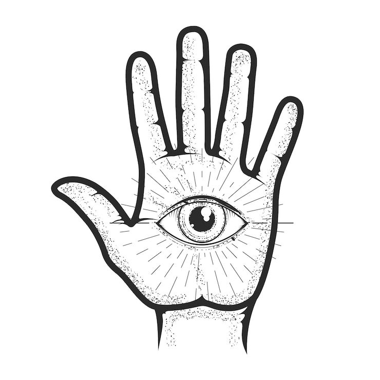 Vector palma de la mano del psíquico con el ojo que todo lo ve místico y quiromancia oculta esotérica y adivinación a mano vector