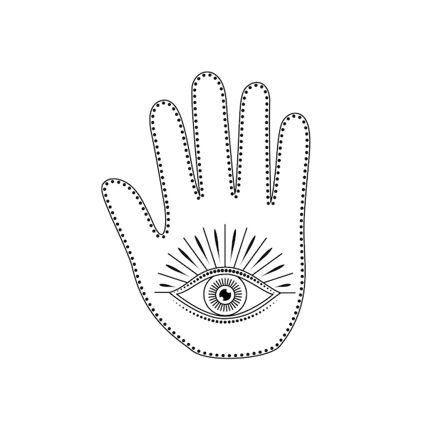 Palma con el ojo que todo lo ve sobre fondo blanco.