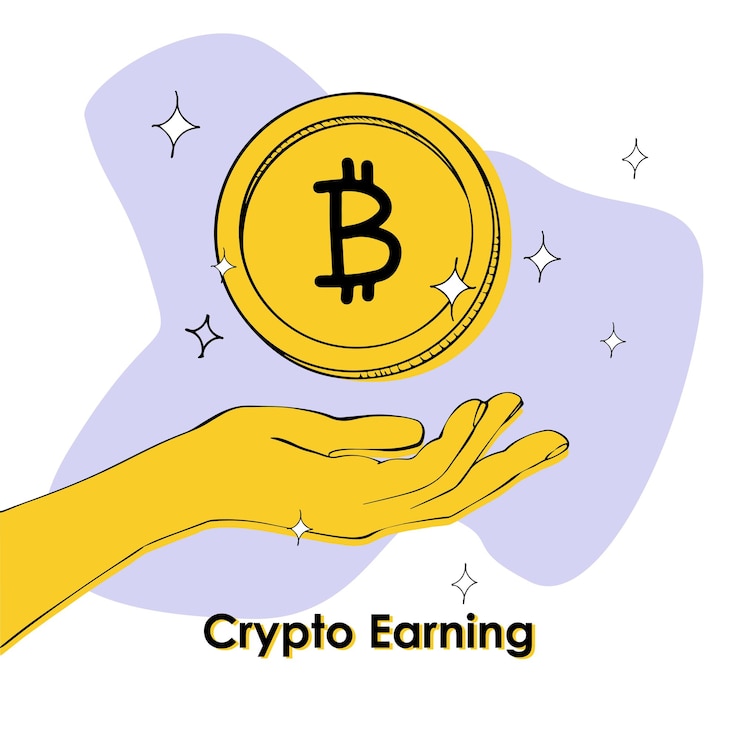 Vector la palma en la que cae la moneda bitcoin contra el fondo de formas libres y asteriscos y la inscripción ganancias criptográficas