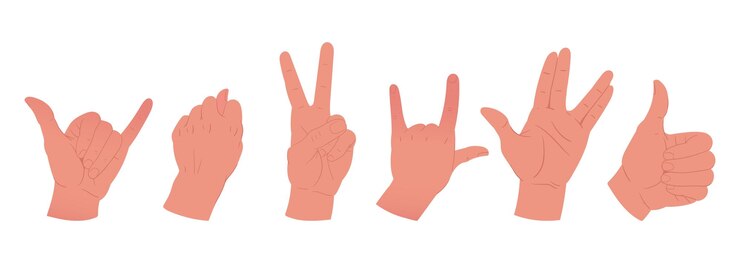 Vector palmas de las manos gestos mano de dibujos animados con varios gestos manos humanas que muestran presentando y señalando diferentes signos conjunto de ilustraciones vectoriales planas palmas de la mano aisladas en blanco