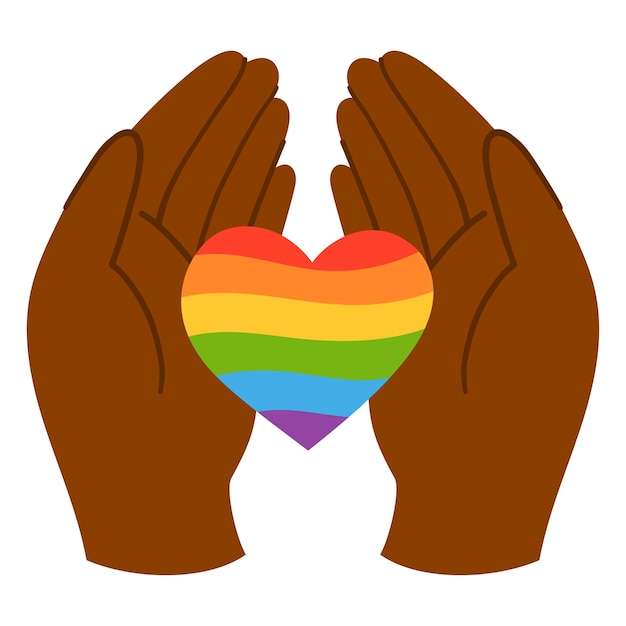 Palmas negras abiertas sosteniendo el corazón del arco iris en su símbolo de orgullo LGBTQI blanco aislado