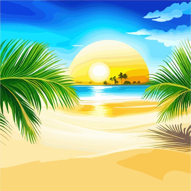 Vector palmas en una playa de arena tropical idílica vacía en un día soleado concepto de ilustración vectorial de verano