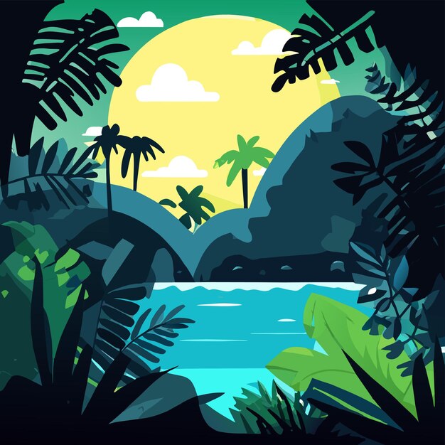Palmas de puesta de sol en la playa de una isla tropical dibujada a mano como una mascota de dibujos animados