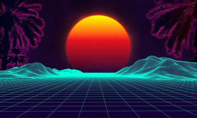 Palmas retro sobre fondo púrpura tecnología informática vintage fondo geométrico centrico futurista