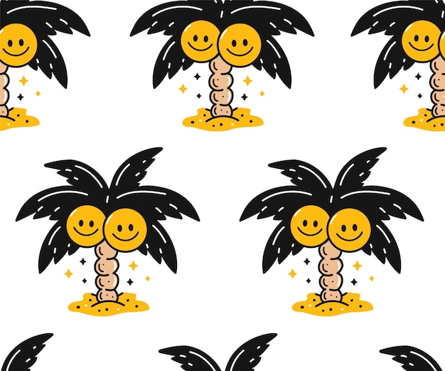 Palmera con cara de sonrisa paraíso coco patrón sin costuras vector doodle estilo dibujos animados ilustración de personaje diseño de impresión de cara de palmsmile para patrón sin costuras concepto de fondo de pantalla