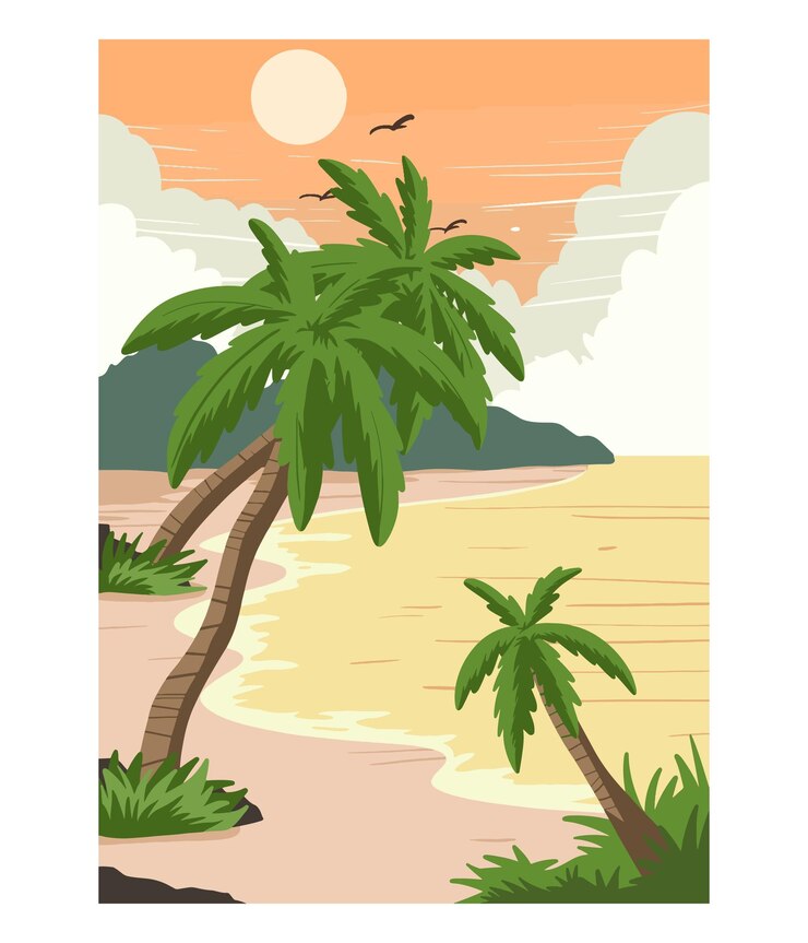 Vector una palmera está en una playa con una puesta de sol en el fondo