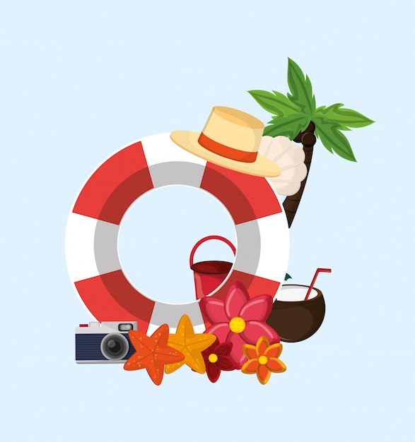 palmera con imagen de iconos de viajes de vacaciones