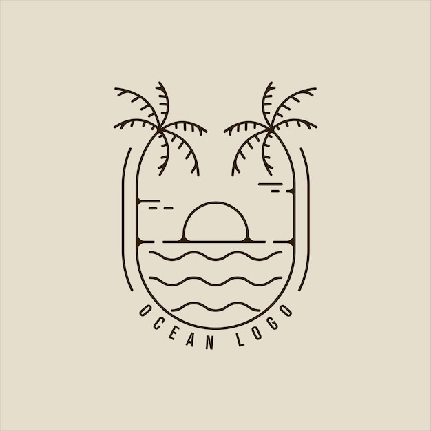 Palmera y olas oceánicas línea arte logo vector simple ilustración minimalista plantilla icono diseño gráfico ola marina con signo solar o símbolo para empresa de viajes con placa creativa y tipografía