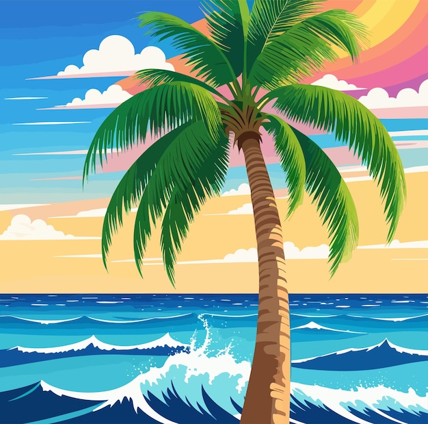 Una palmera en la playa con un atardecer de fondo