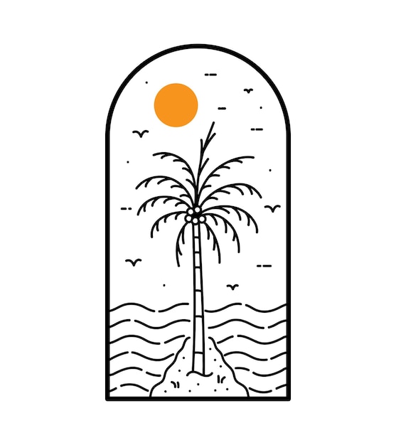 Palmera en la playa en mono línea arte parche insignia diseño emblema diseño TShirt Design