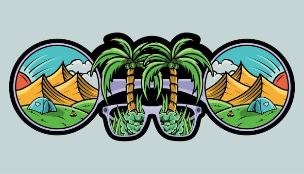 Palmera tropical dibujada a mano o cocotero en las gafas y montañas ilustración de diseño vectorial