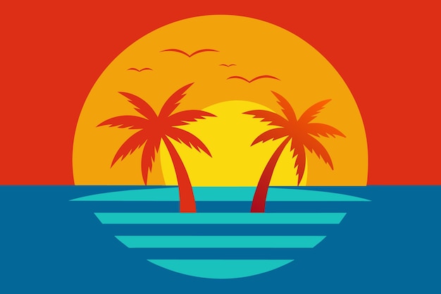 palmeras en el agua con una puesta de sol en la parte superior