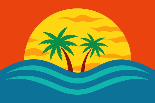 las palmeras están en el agua con la puesta de sol en el fondo