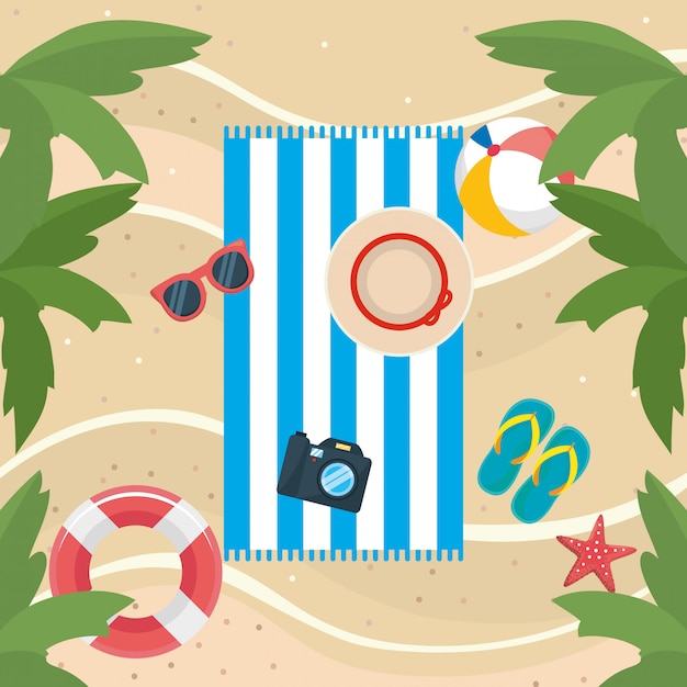 Vector palmeras con gafas de sol y flip-flop con pelota y flotador en la playa