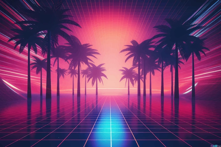 Vector las palmeras retrófuturistas al atardecer