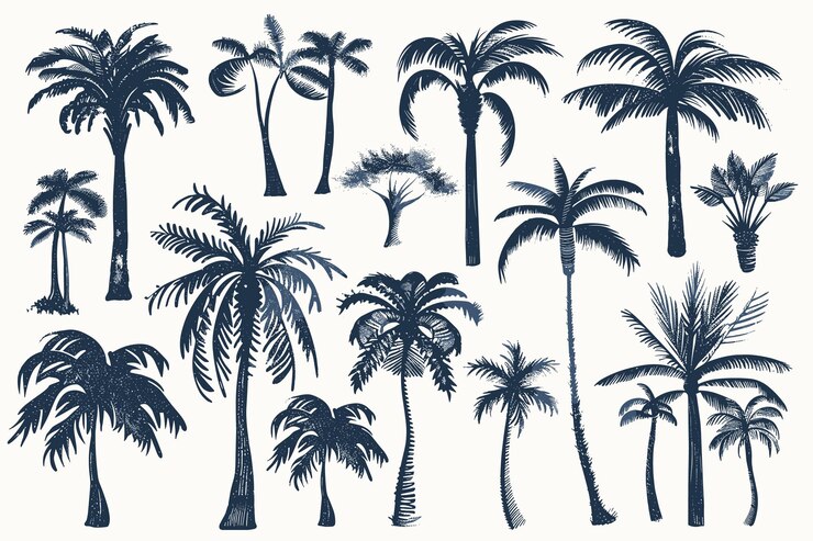 Vector palmeras de silueta plantas tropicales de la selva negra hojas negras y árbol de la selva de coco