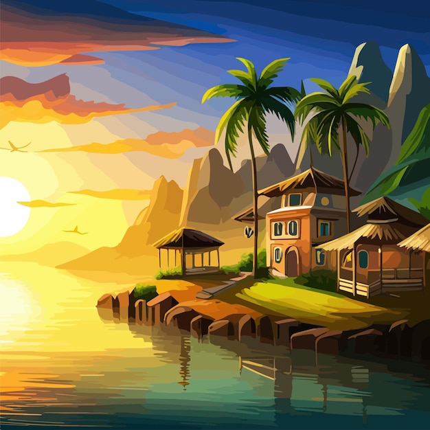 Vector palmeras y sol en el mar con montañas fondo océano y playa vector paisaje de la isla vacío