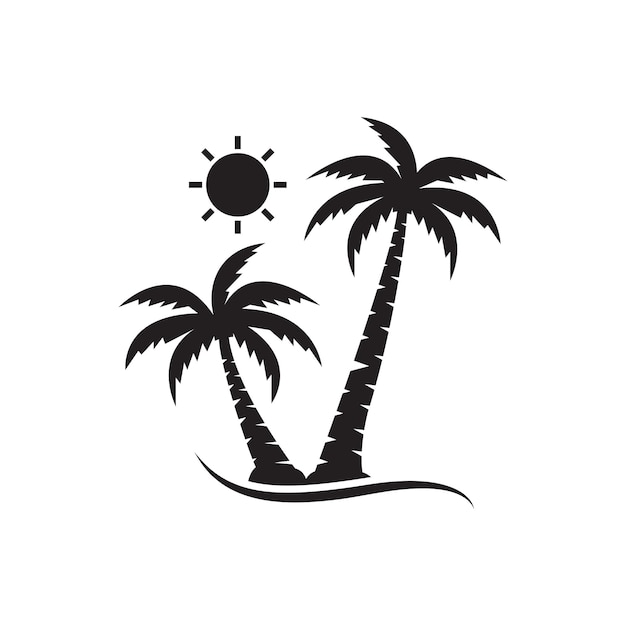 Palmeras tropicales, siluetas negras y contornos de contorno sobre fondo blanco.