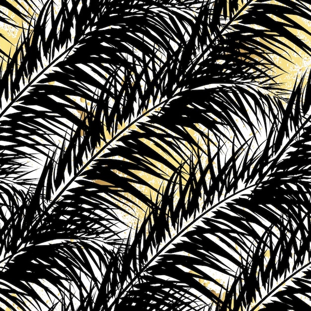 Palmeras vectoriales negras y doradas Patrones sin fisuras dibujados a mano Palmeras tropicales de verano hojas de patrones sin fisuras Fondo de naturaleza abstracta
