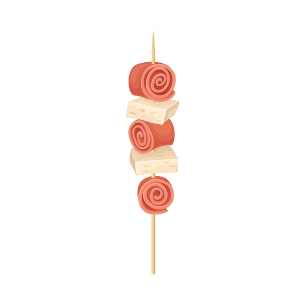 Palo de madera afilado con tocino cortado y tofu colocado en él Ilustración vectorial